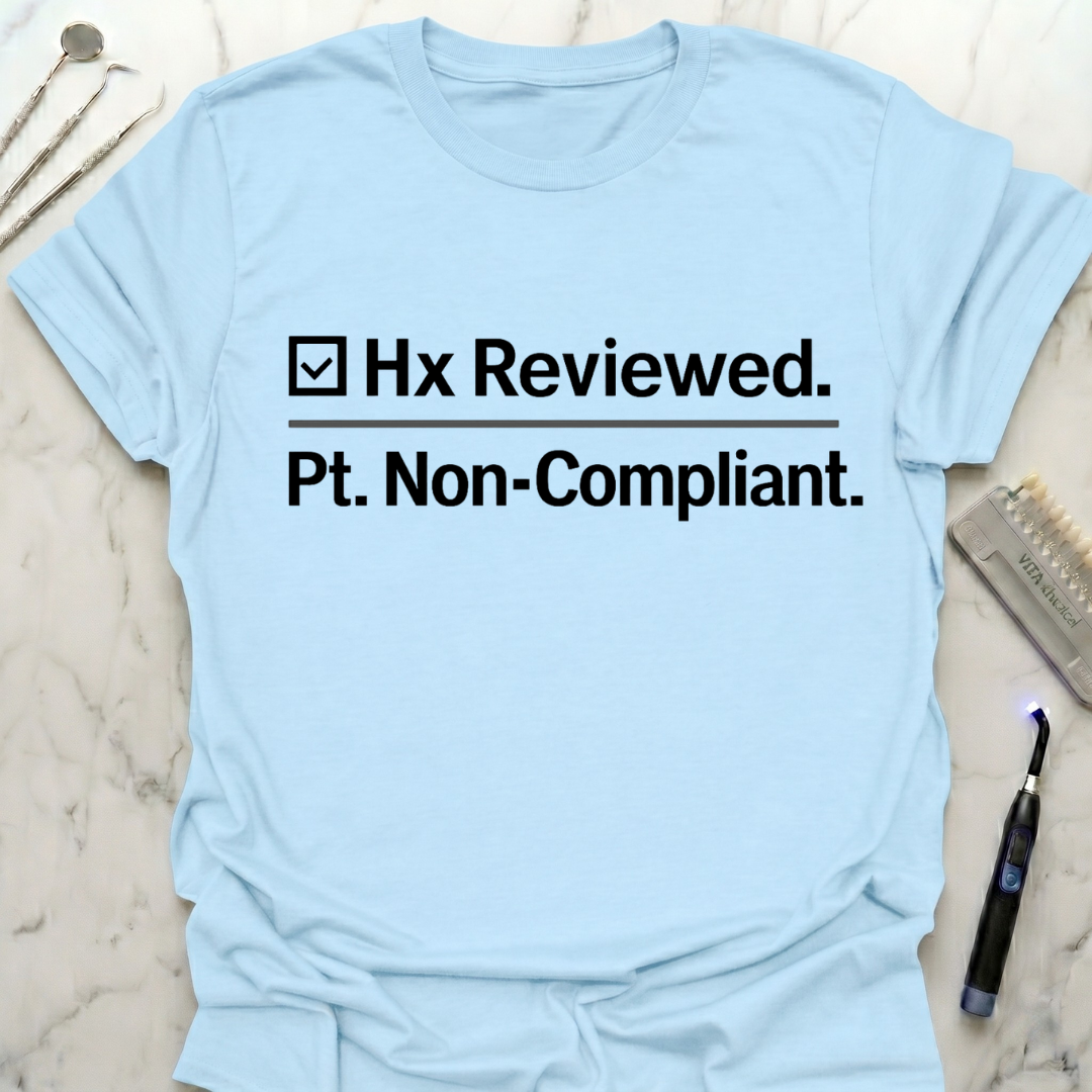 Hx reviewed. Pt. non-compliant T-Shirt