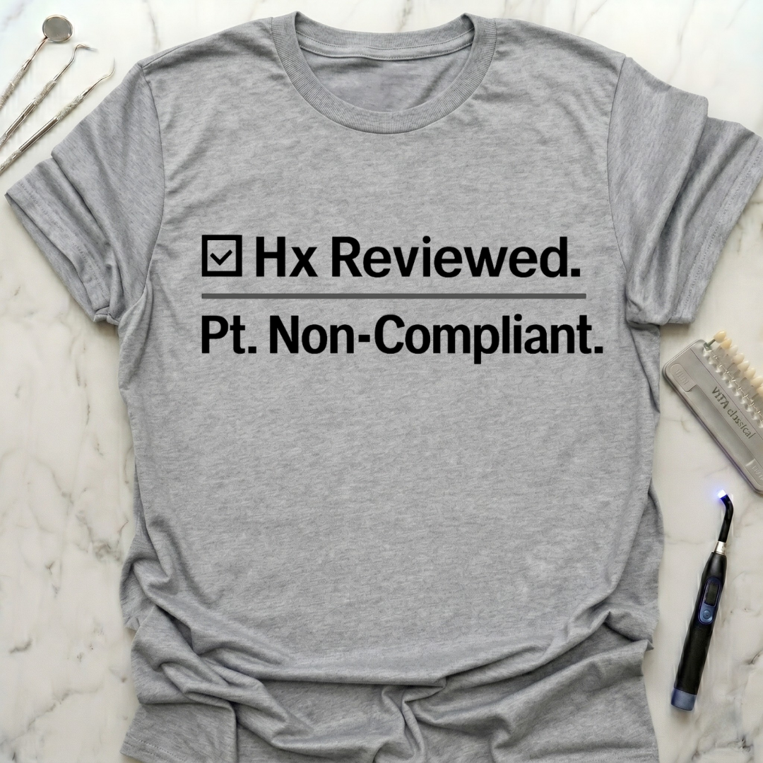 Hx reviewed. Pt. non-compliant T-Shirt