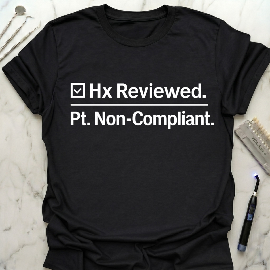 Hx reviewed. Pt. non-compliant T-Shirt